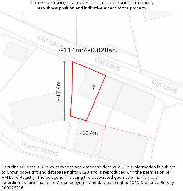 7, GRAND STAND, SCAPEGOAT HILL, HUDDERSFIELD, HD7 4NQ: Plot and title map