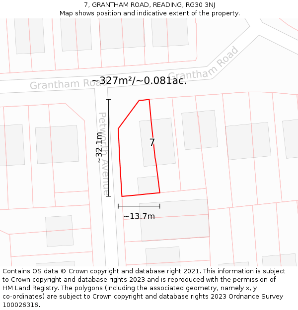 7, GRANTHAM ROAD, READING, RG30 3NJ: Plot and title map