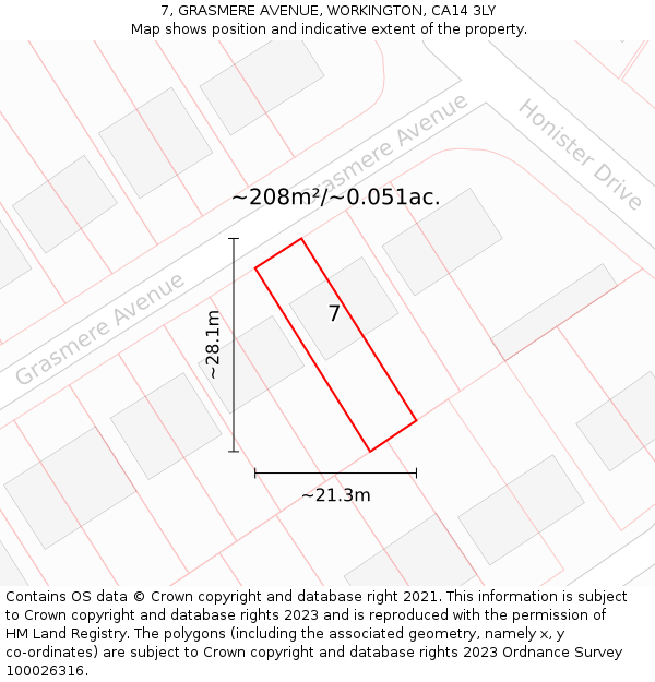 7, GRASMERE AVENUE, WORKINGTON, CA14 3LY: Plot and title map