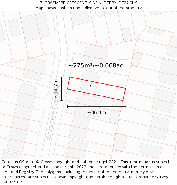 7, GRASMERE CRESCENT, SINFIN, DERBY, DE24 9HS: Plot and title map