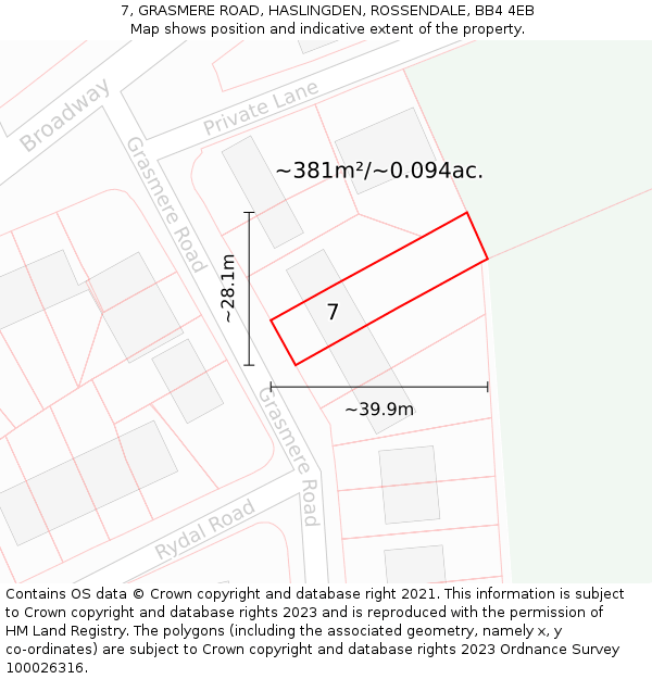 7, GRASMERE ROAD, HASLINGDEN, ROSSENDALE, BB4 4EB: Plot and title map