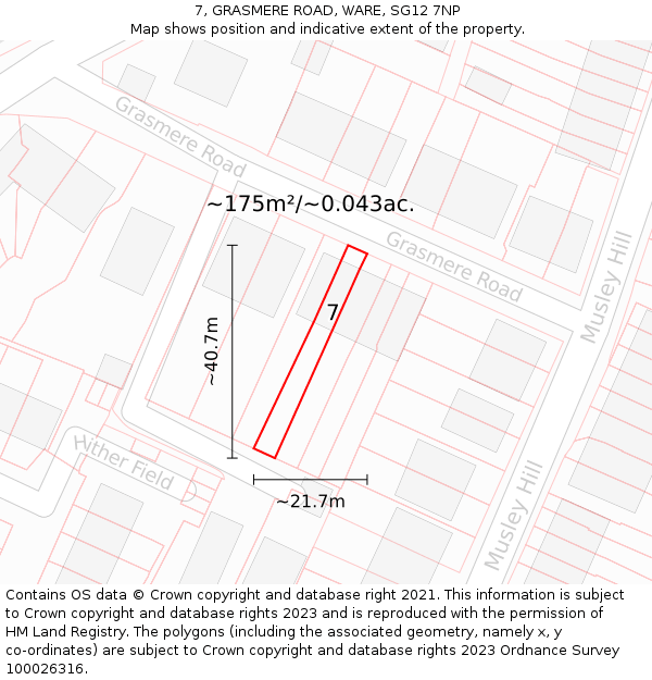 7, GRASMERE ROAD, WARE, SG12 7NP: Plot and title map