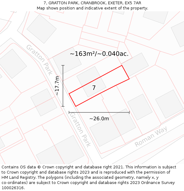 7, GRATTON PARK, CRANBROOK, EXETER, EX5 7AR: Plot and title map