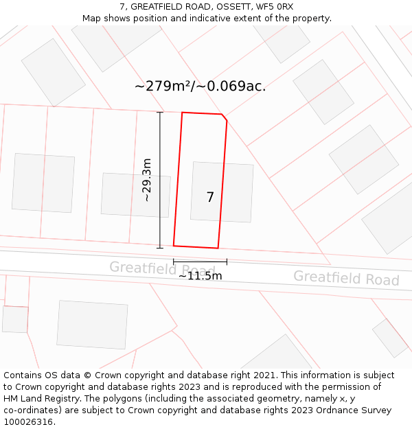7, GREATFIELD ROAD, OSSETT, WF5 0RX: Plot and title map