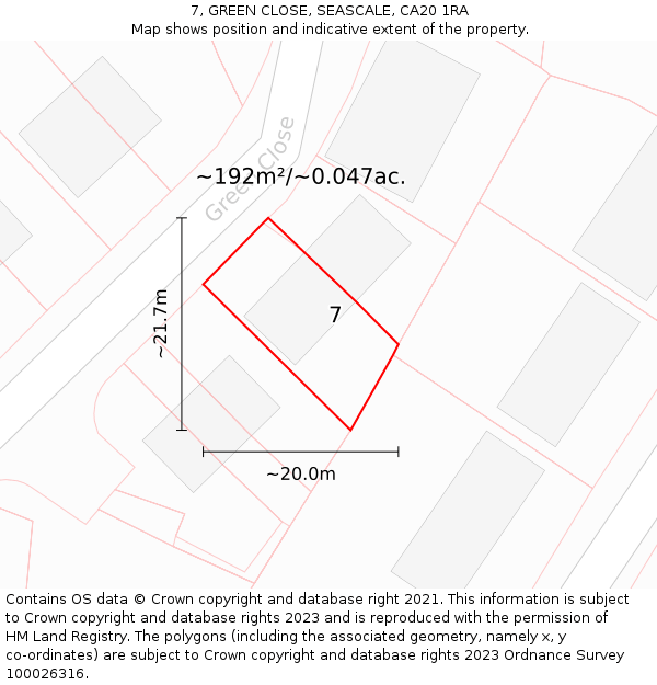 7, GREEN CLOSE, SEASCALE, CA20 1RA: Plot and title map