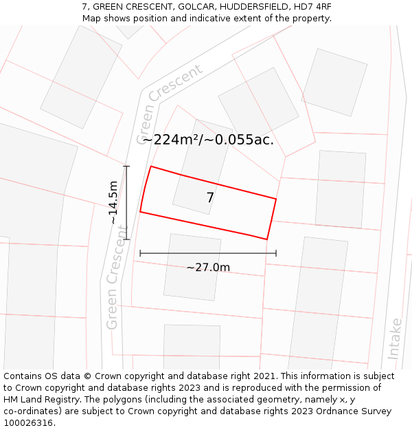 7, GREEN CRESCENT, GOLCAR, HUDDERSFIELD, HD7 4RF: Plot and title map