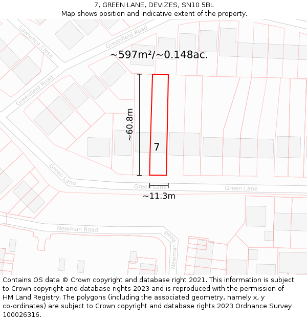 7, GREEN LANE, DEVIZES, SN10 5BL: Plot and title map