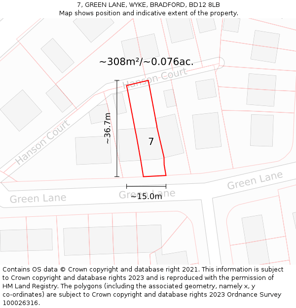 7, GREEN LANE, WYKE, BRADFORD, BD12 8LB: Plot and title map