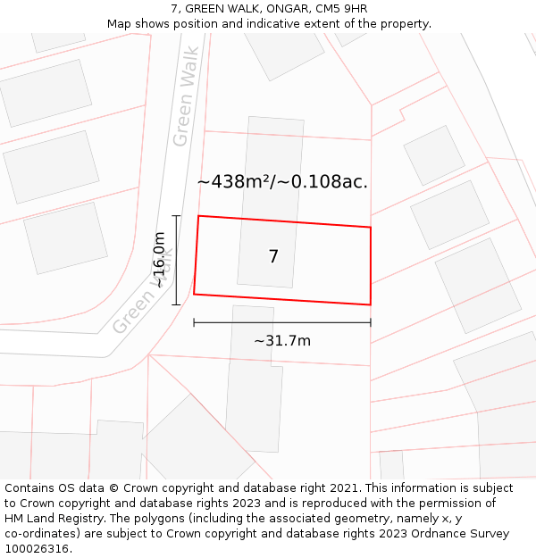 7, GREEN WALK, ONGAR, CM5 9HR: Plot and title map
