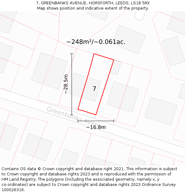 7, GREENBANKS AVENUE, HORSFORTH, LEEDS, LS18 5RX: Plot and title map