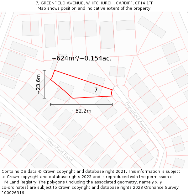 7, GREENFIELD AVENUE, WHITCHURCH, CARDIFF, CF14 1TF: Plot and title map