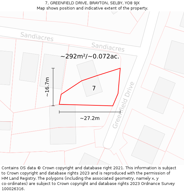 7, GREENFIELD DRIVE, BRAYTON, SELBY, YO8 9JX: Plot and title map