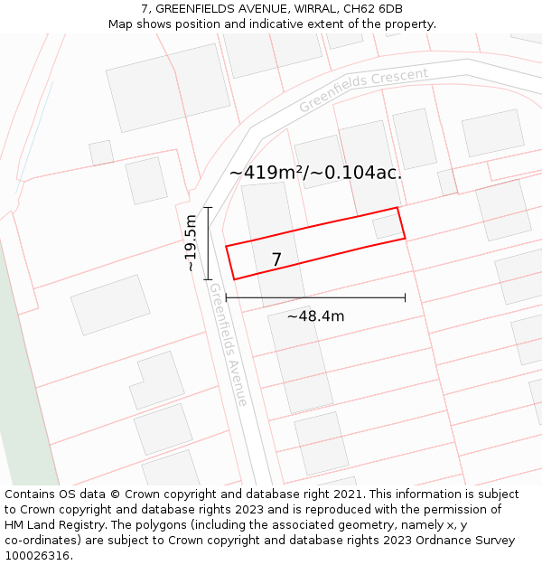 7, GREENFIELDS AVENUE, WIRRAL, CH62 6DB: Plot and title map