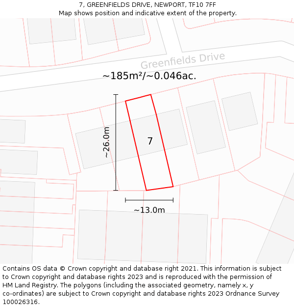 7, GREENFIELDS DRIVE, NEWPORT, TF10 7FF: Plot and title map