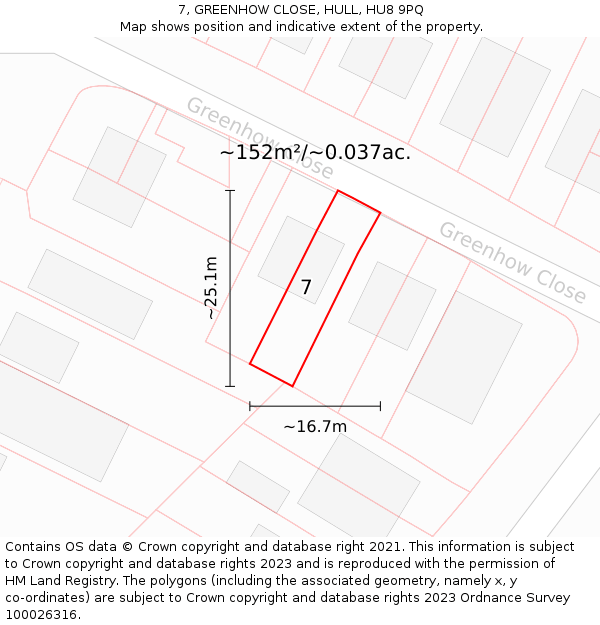 7, GREENHOW CLOSE, HULL, HU8 9PQ: Plot and title map