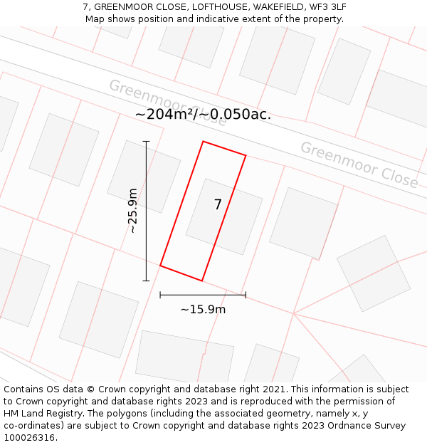 7, GREENMOOR CLOSE, LOFTHOUSE, WAKEFIELD, WF3 3LF: Plot and title map