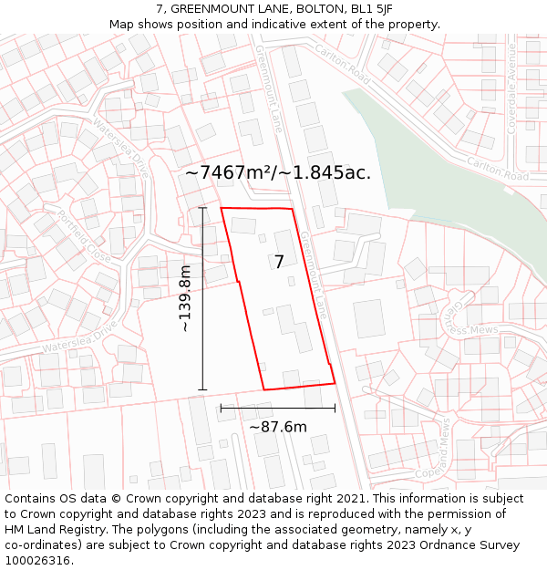 7, GREENMOUNT LANE, BOLTON, BL1 5JF: Plot and title map