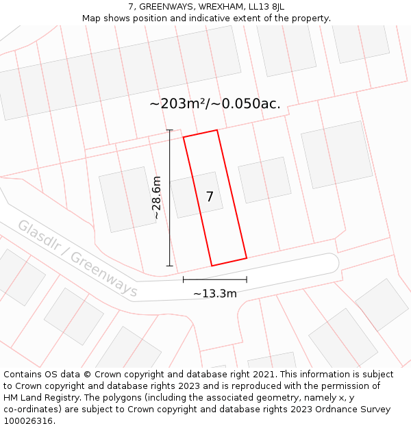 7, GREENWAYS, WREXHAM, LL13 8JL: Plot and title map