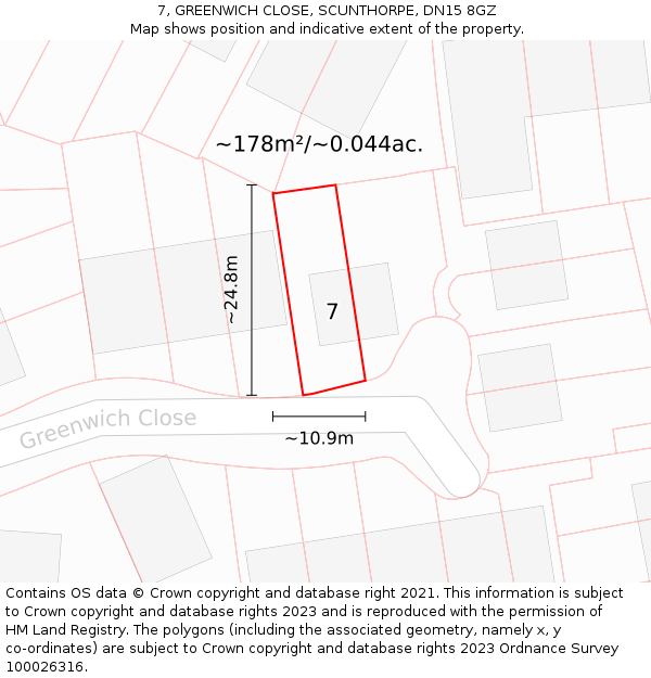 7, GREENWICH CLOSE, SCUNTHORPE, DN15 8GZ: Plot and title map