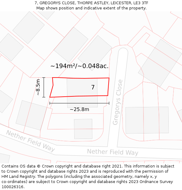 7, GREGORYS CLOSE, THORPE ASTLEY, LEICESTER, LE3 3TF: Plot and title map