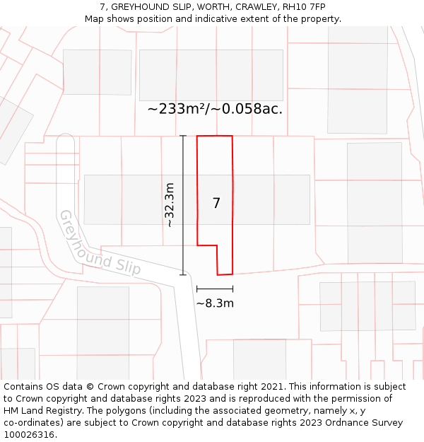 7, GREYHOUND SLIP, WORTH, CRAWLEY, RH10 7FP: Plot and title map