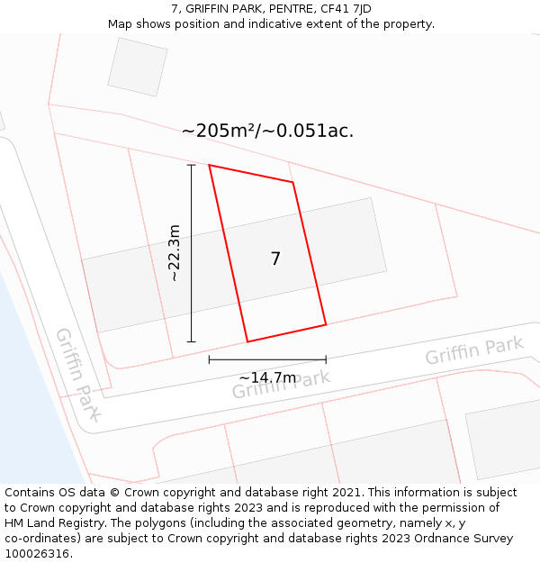 7, GRIFFIN PARK, PENTRE, CF41 7JD: Plot and title map
