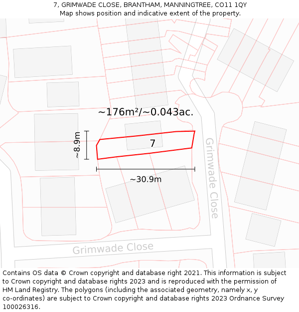 7, GRIMWADE CLOSE, BRANTHAM, MANNINGTREE, CO11 1QY: Plot and title map