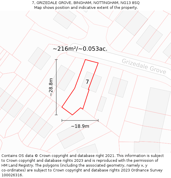 7, GRIZEDALE GROVE, BINGHAM, NOTTINGHAM, NG13 8SQ: Plot and title map