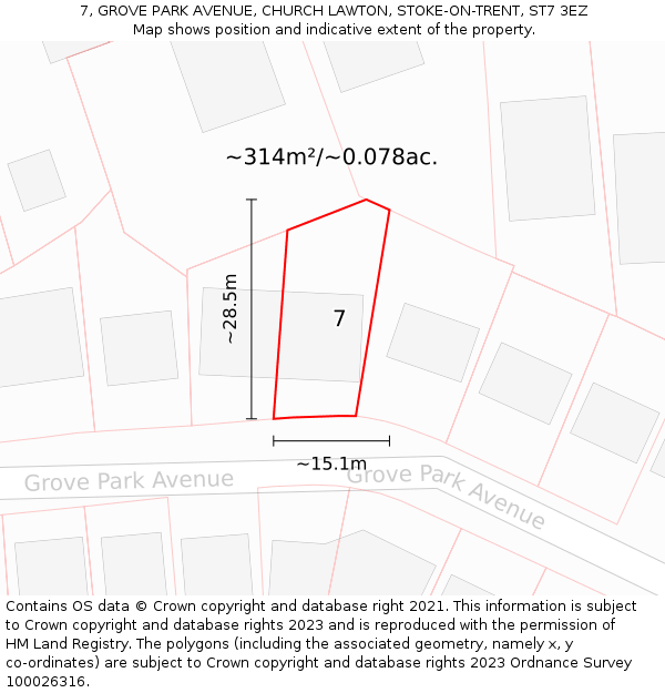 7, GROVE PARK AVENUE, CHURCH LAWTON, STOKE-ON-TRENT, ST7 3EZ: Plot and title map