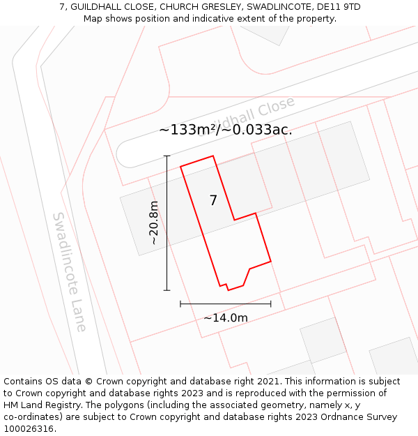 7, GUILDHALL CLOSE, CHURCH GRESLEY, SWADLINCOTE, DE11 9TD: Plot and title map