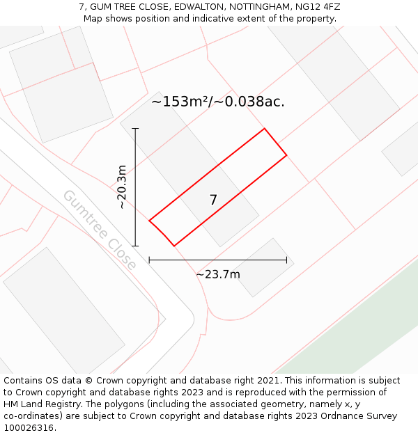 7, GUM TREE CLOSE, EDWALTON, NOTTINGHAM, NG12 4FZ: Plot and title map