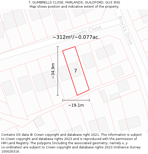 7, GUMBRELLS CLOSE, FAIRLANDS, GUILDFORD, GU3 3NG: Plot and title map