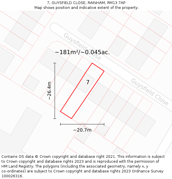 7, GUYSFIELD CLOSE, RAINHAM, RM13 7AP: Plot and title map