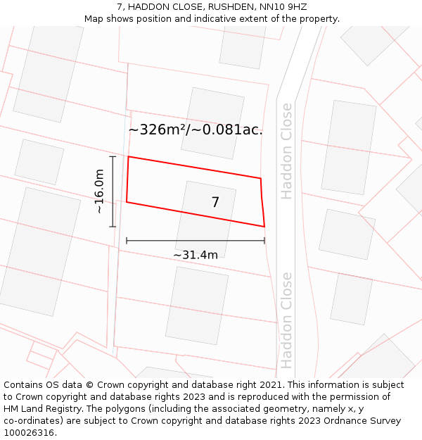 7, HADDON CLOSE, RUSHDEN, NN10 9HZ: Plot and title map