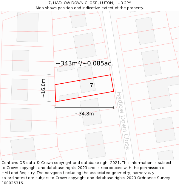 7, HADLOW DOWN CLOSE, LUTON, LU3 2PY: Plot and title map