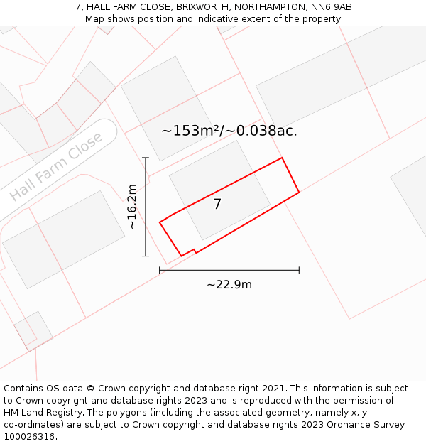 7, HALL FARM CLOSE, BRIXWORTH, NORTHAMPTON, NN6 9AB: Plot and title map