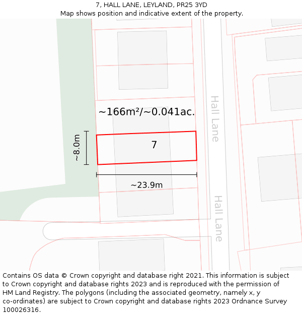 7, HALL LANE, LEYLAND, PR25 3YD: Plot and title map