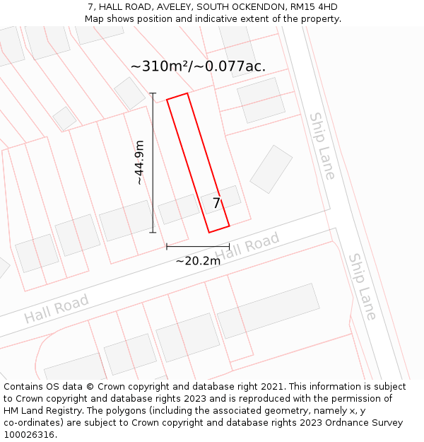 7, HALL ROAD, AVELEY, SOUTH OCKENDON, RM15 4HD: Plot and title map