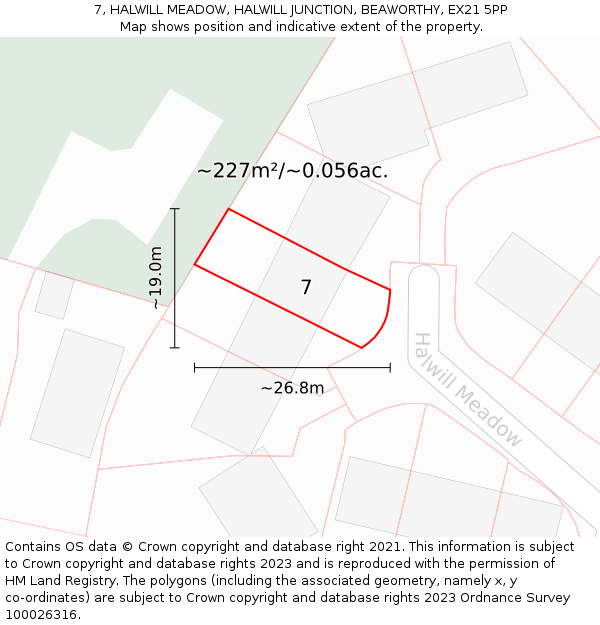 7, HALWILL MEADOW, HALWILL JUNCTION, BEAWORTHY, EX21 5PP: Plot and title map