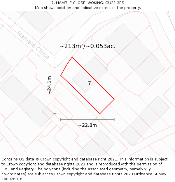 7, HAMBLE CLOSE, WOKING, GU21 3PS: Plot and title map