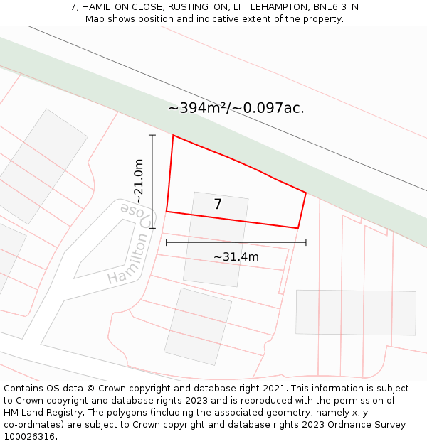 7, HAMILTON CLOSE, RUSTINGTON, LITTLEHAMPTON, BN16 3TN: Plot and title map