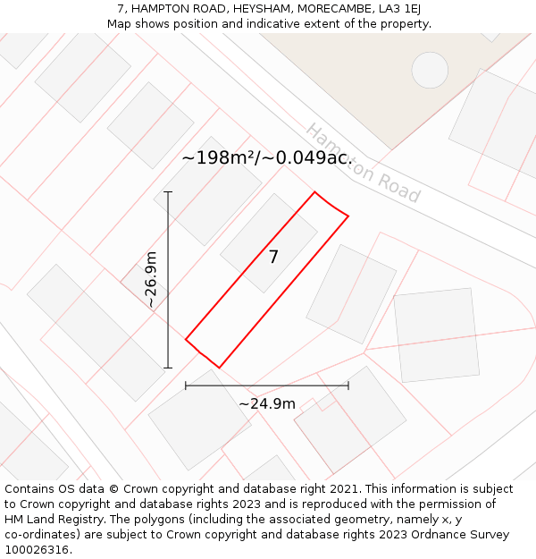 7, HAMPTON ROAD, HEYSHAM, MORECAMBE, LA3 1EJ: Plot and title map