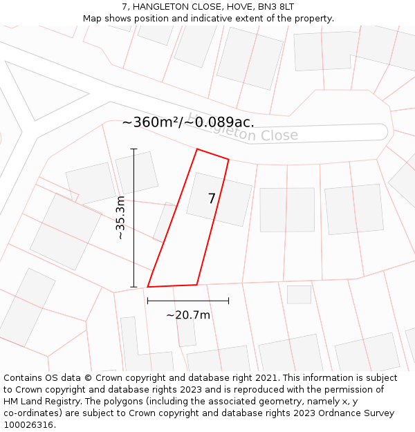 7, HANGLETON CLOSE, HOVE, BN3 8LT: Plot and title map