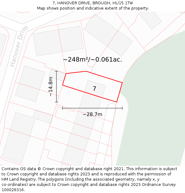 7, HANOVER DRIVE, BROUGH, HU15 1TW: Plot and title map