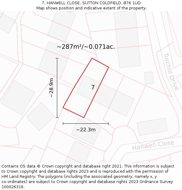 7, HANWELL CLOSE, SUTTON COLDFIELD, B76 1UD: Plot and title map