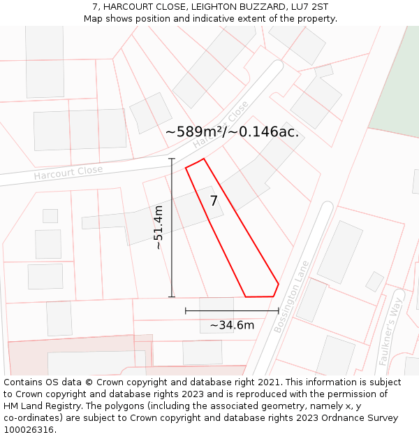 7, HARCOURT CLOSE, LEIGHTON BUZZARD, LU7 2ST: Plot and title map
