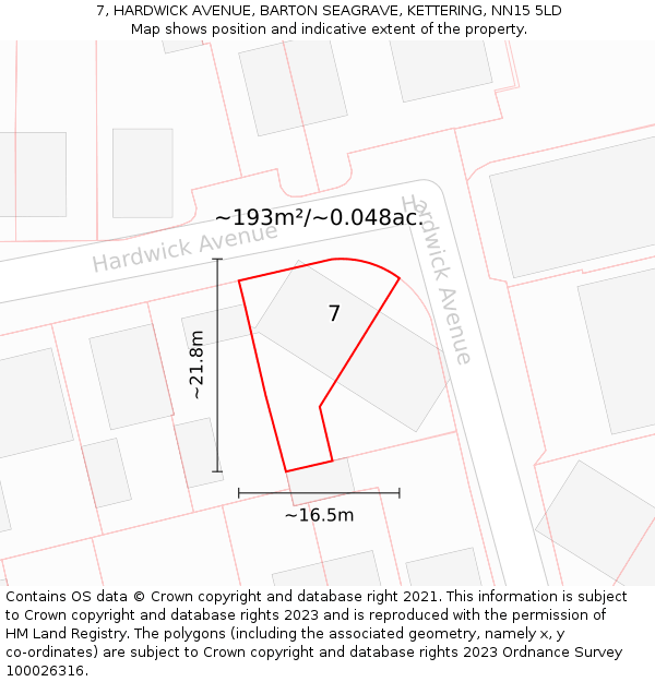 7, HARDWICK AVENUE, BARTON SEAGRAVE, KETTERING, NN15 5LD: Plot and title map
