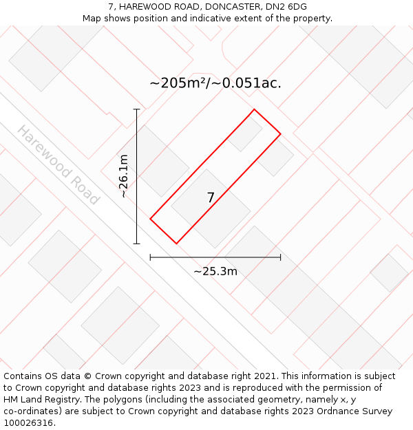 7, HAREWOOD ROAD, DONCASTER, DN2 6DG: Plot and title map