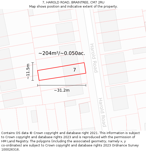 7, HAROLD ROAD, BRAINTREE, CM7 2RU: Plot and title map