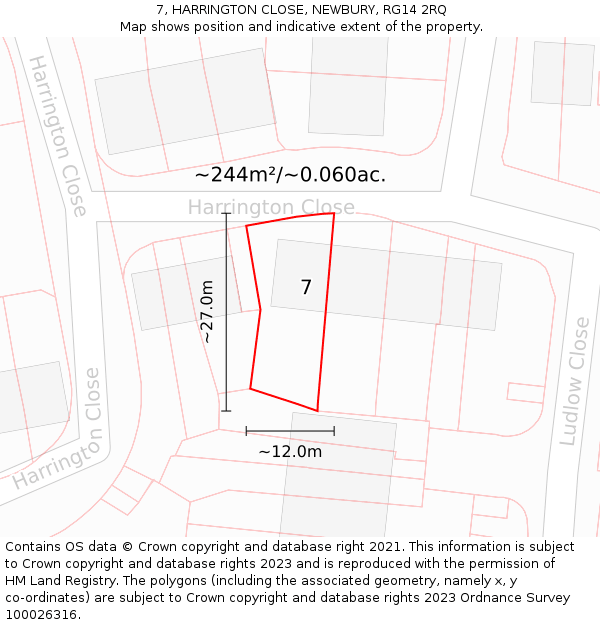 7, HARRINGTON CLOSE, NEWBURY, RG14 2RQ: Plot and title map
